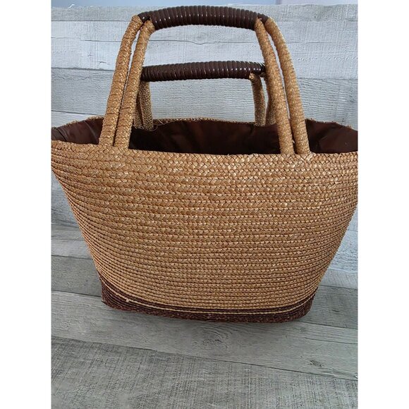 Handcrafted Straw Rattan Tote Bag 3d Floral Embroidery & Leather Wrapped Handles - Picture 5 of 11